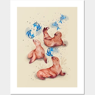 Seals at the beach | Watercolor seals brown and blue Posters and Art